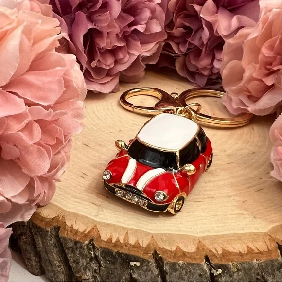 Retro Red and White Mini Cooper Car Keychain Charm - Picture 6 of 16